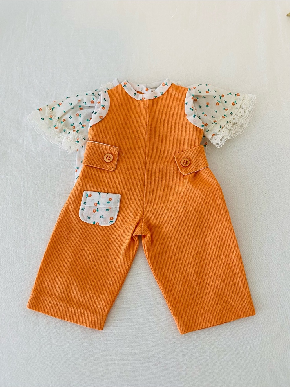 Orange Corduroy Jumper with Matching Floral Top, Small Doll